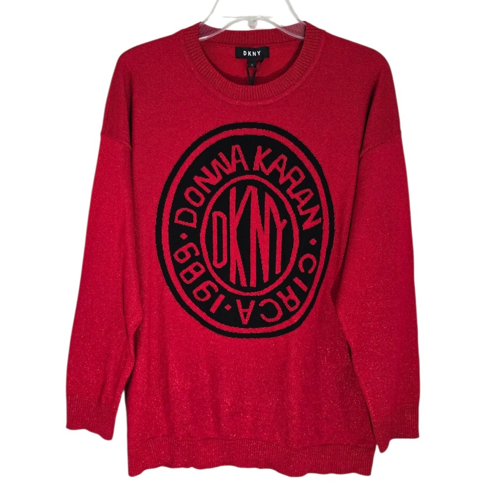DKNY Women Red‎ Knit Sweater Pullover Long Sleeve Logo Casual Size L